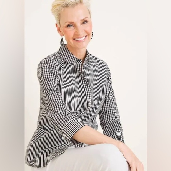 Chicos No Iron Stain Shield Stripe and Gingham Plaid Cotton Button Up Shirt - Picture 1 of 10